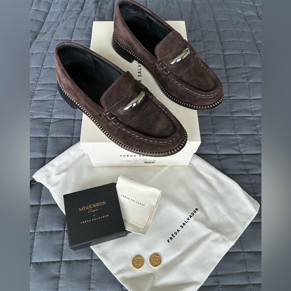 Freda Salvador Elba Penny Loafer Espresso Suede with Natalie Borton Loafer Charm